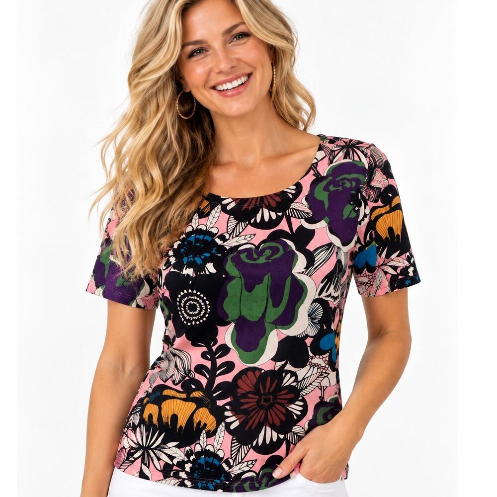 Marimekko x Uniqlo Colorful Graphic Tee Womens XS Floral Artsy Bold Top Shirt
